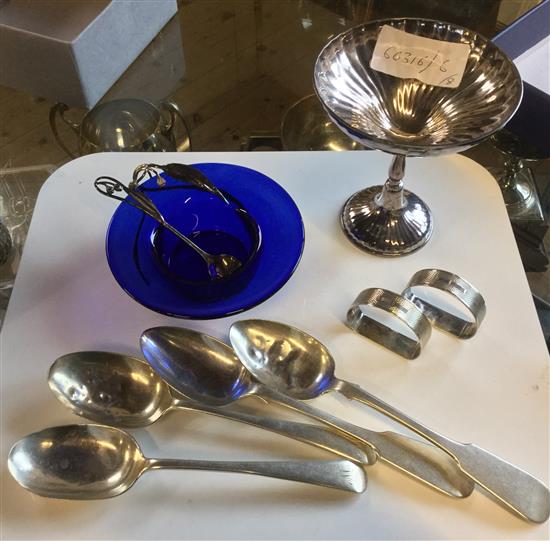 Silver pedestal dish, pair of silver napkin rings, 4 silver spoons and a damaged dish with glass insert